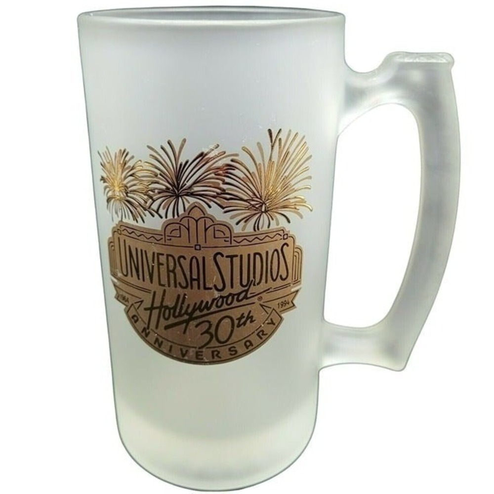 Universal‎ Studios Hollywood 30th Anniversary Frosted Glass Beer Mug Gold 1994